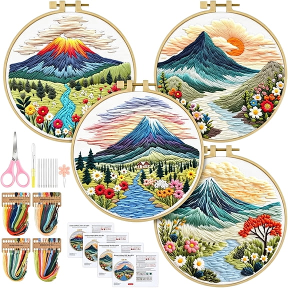 TUWAFE 4 Set Embroidery Kit for Beginners,Cross Stitch Set Include Embroidery Cloth Hoops Threads for Craft Lover Hand Stitch with Embroidery Skill Techniques (Landscape)