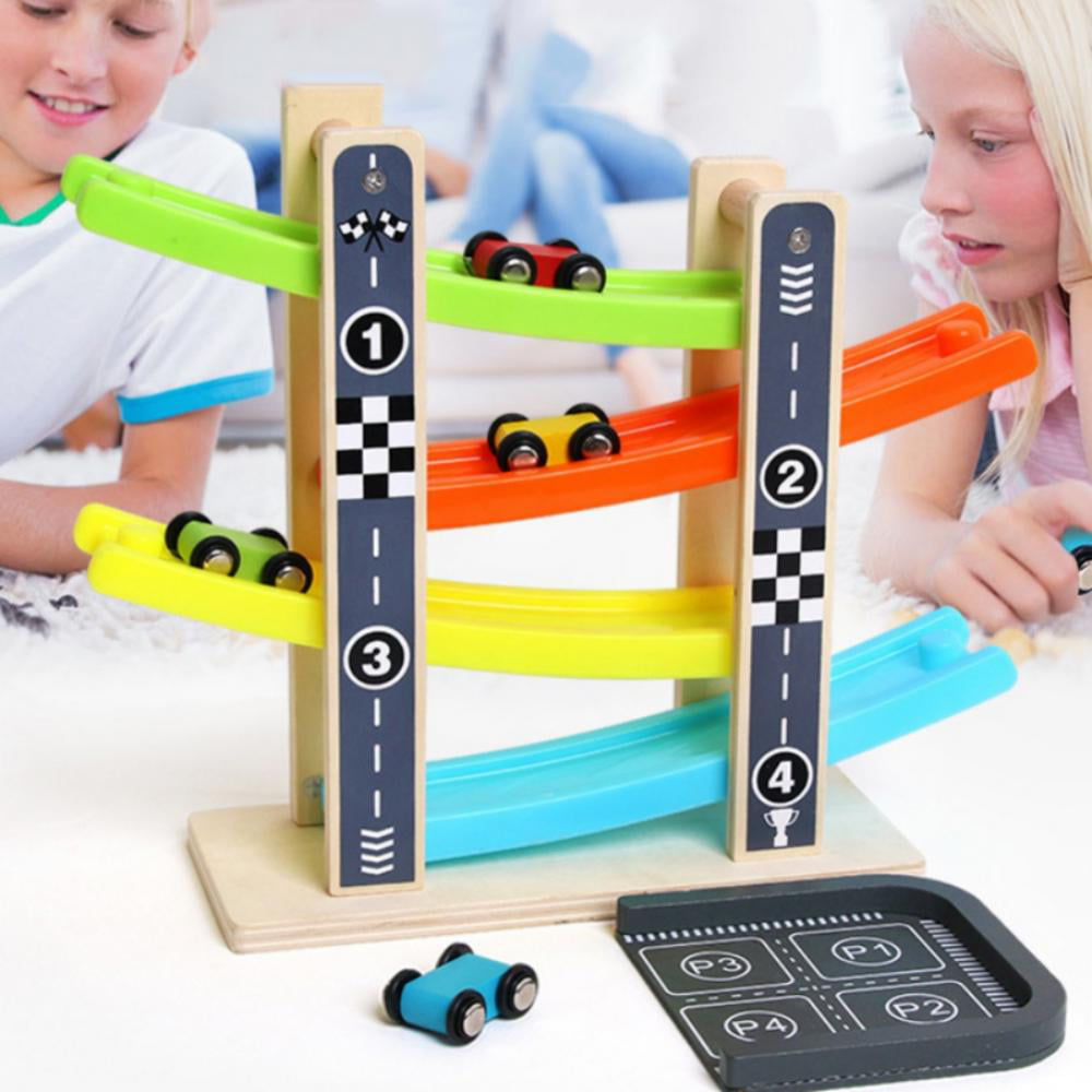 Toddler Toys For Boy Gifts Wooden Race Track Car Ramp Racer With 4 Mini Cars