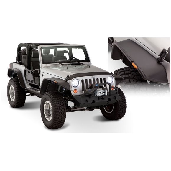 Fits 2007-2018 Jeep Wrangler JK Bushwacker Fender Flare 10919-07 Flat; 9-1/2 Inch Front/4-3/4 Inch Rear Tire Coverage; Matte Black; Dura-Flex 2000 TPO Textured Plastic; 4-1/2 Inch Flare Height