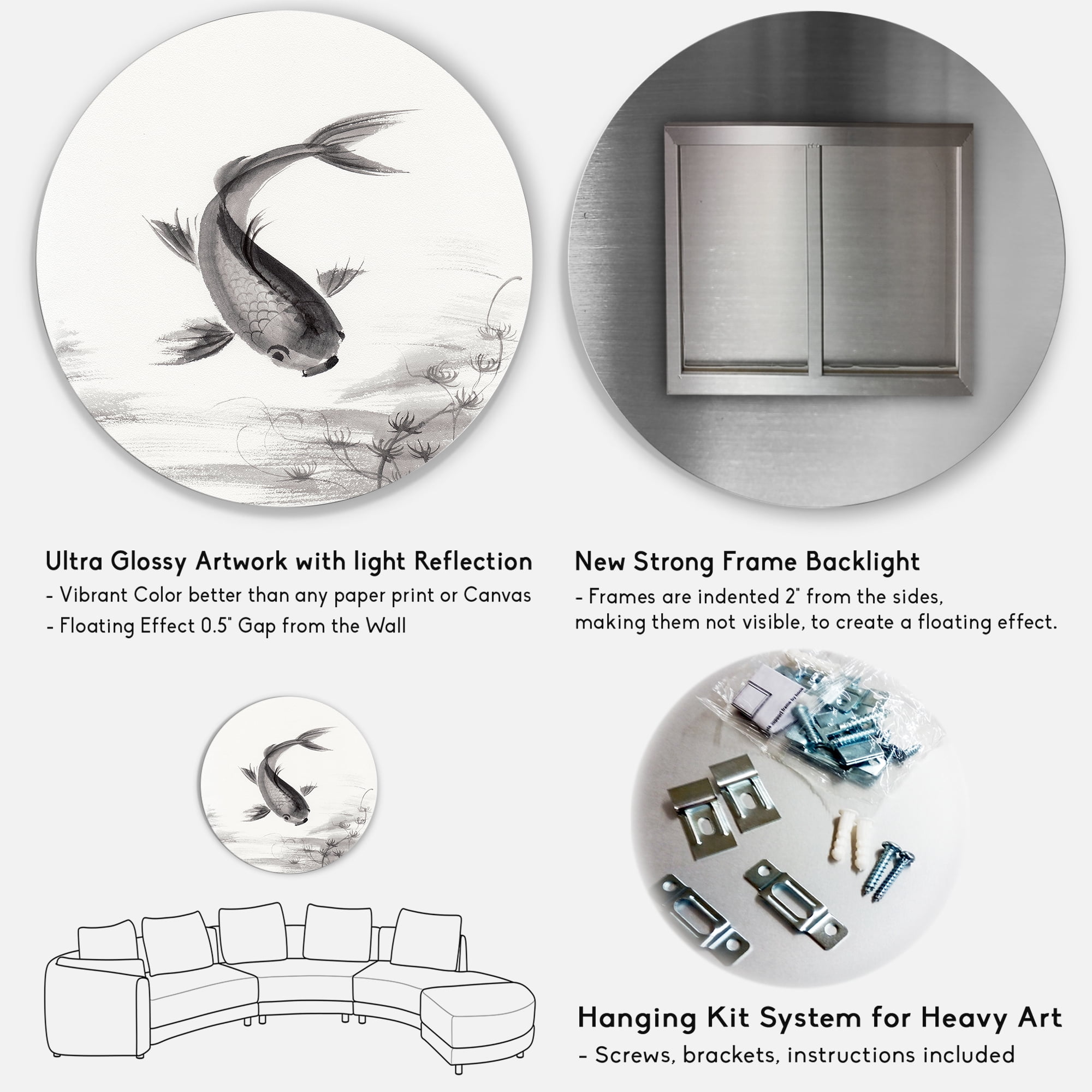 Designart 'Black and White Vintage Fish I' Nautical & Coastal Circle Metal Wall Art 23x23 - Disc of 23
