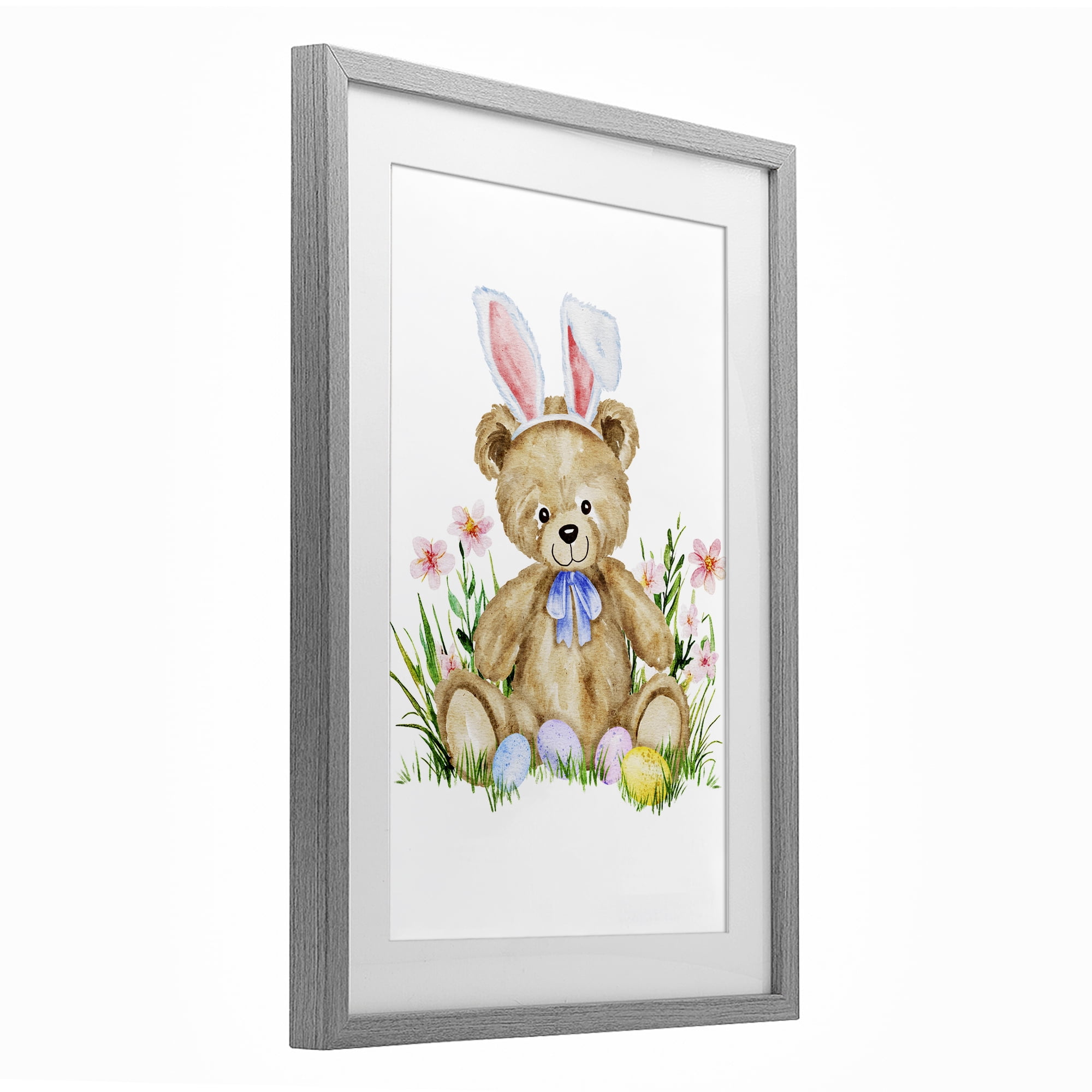 Springy Easter Teddy Bear Gray Framed Print Under Glass, design by Amy Hall