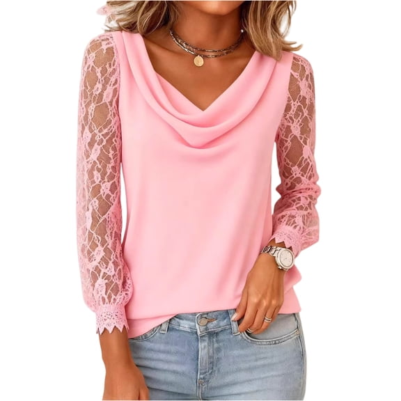 LWavelet Cowl Neck Lace Sleeve Blouse Womens Plus Size Stylish Easy to Match Daily Casual Top Pink 2XL