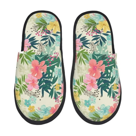 Balery Tropical Flowers Slient Indoor Furry Fleece Comfort House Shoes Soft Non-Slip Home Shoes Cotton slippers House Slippers-- Large