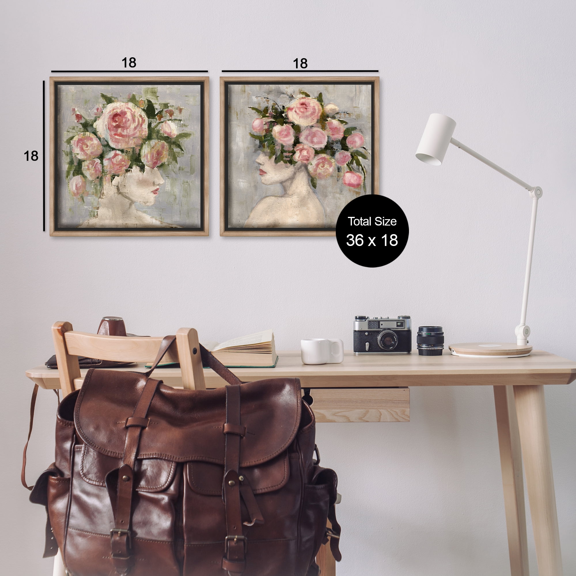 Stupell Industries Surreal Women with Roses People Painting Brown Floater Framed Canvas Art Print Wall Art, 18 x 18, Set of 2