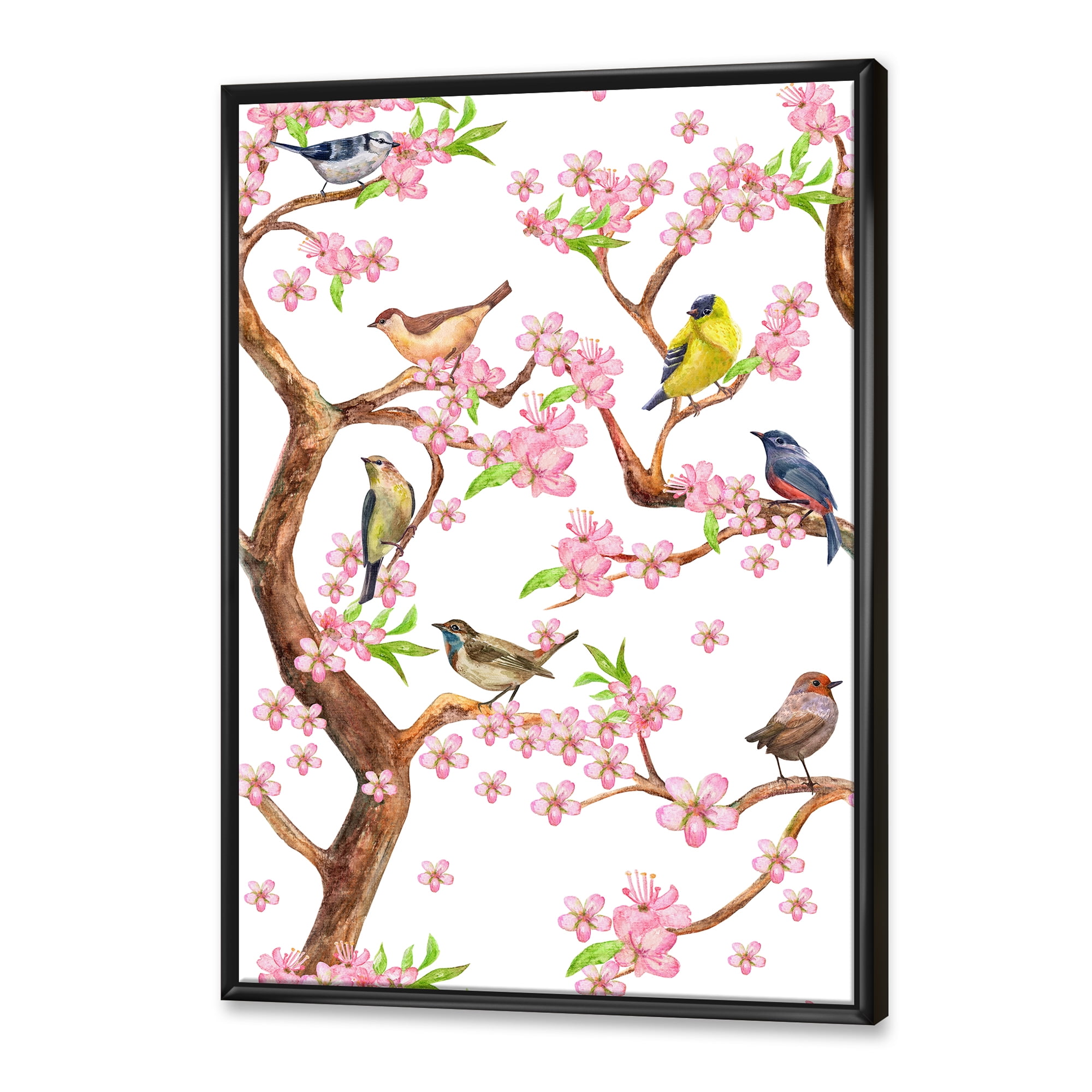 Designart 'Colorful Little Birds On Spring Flowers Tree' Traditional Framed Canvas Wall Art Print