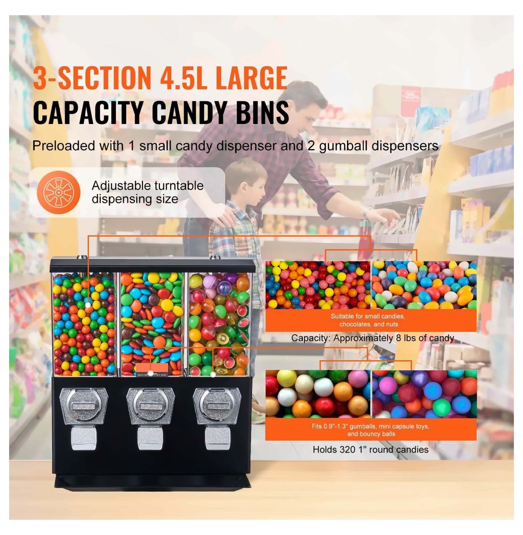 Gumball Machine with Stand - Black Vintage Candy Dispenser - 3 Slot Vending Machine - Coin Operated - 8lbs Capacity - for Restaurants, Malls, Home