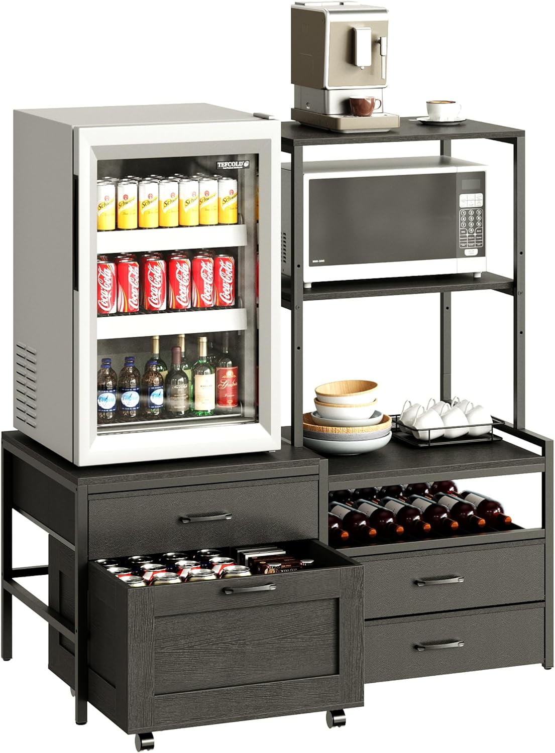Herture Mini Fridge Stand with Wine Rack, Kitchen Bakers Rack with Power Outlet, Microwave Oven Stand, Coffee Bar, Movable Drawers, for Dorm,Office, Black HB04BXB