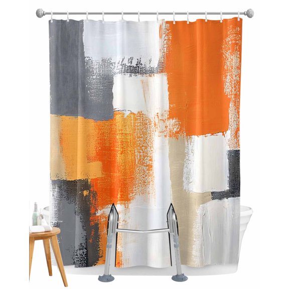 Split Shower Curtain for Transfer Bench, Burnt Orange Grey Fabric Shower Curtains for Bathroom, Abstract Geometric Oil Painting Modern Tub Sliding Transfer Bench Waterproof Bath Curtains 72"x84"
