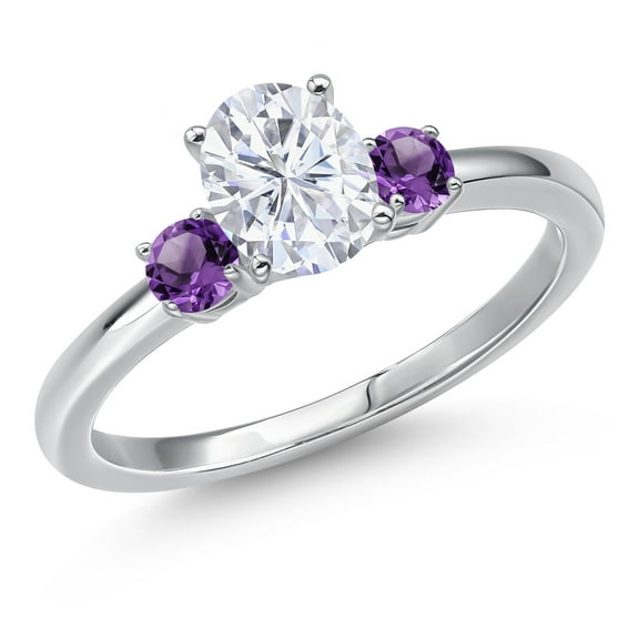 Gem Stone King 14K White Gold White Moissanite and Purple Amethyst Engagement Ring for Women | 1.10 Cttw | Oval 7X5MM | Gemstone Birthstone | Size 7