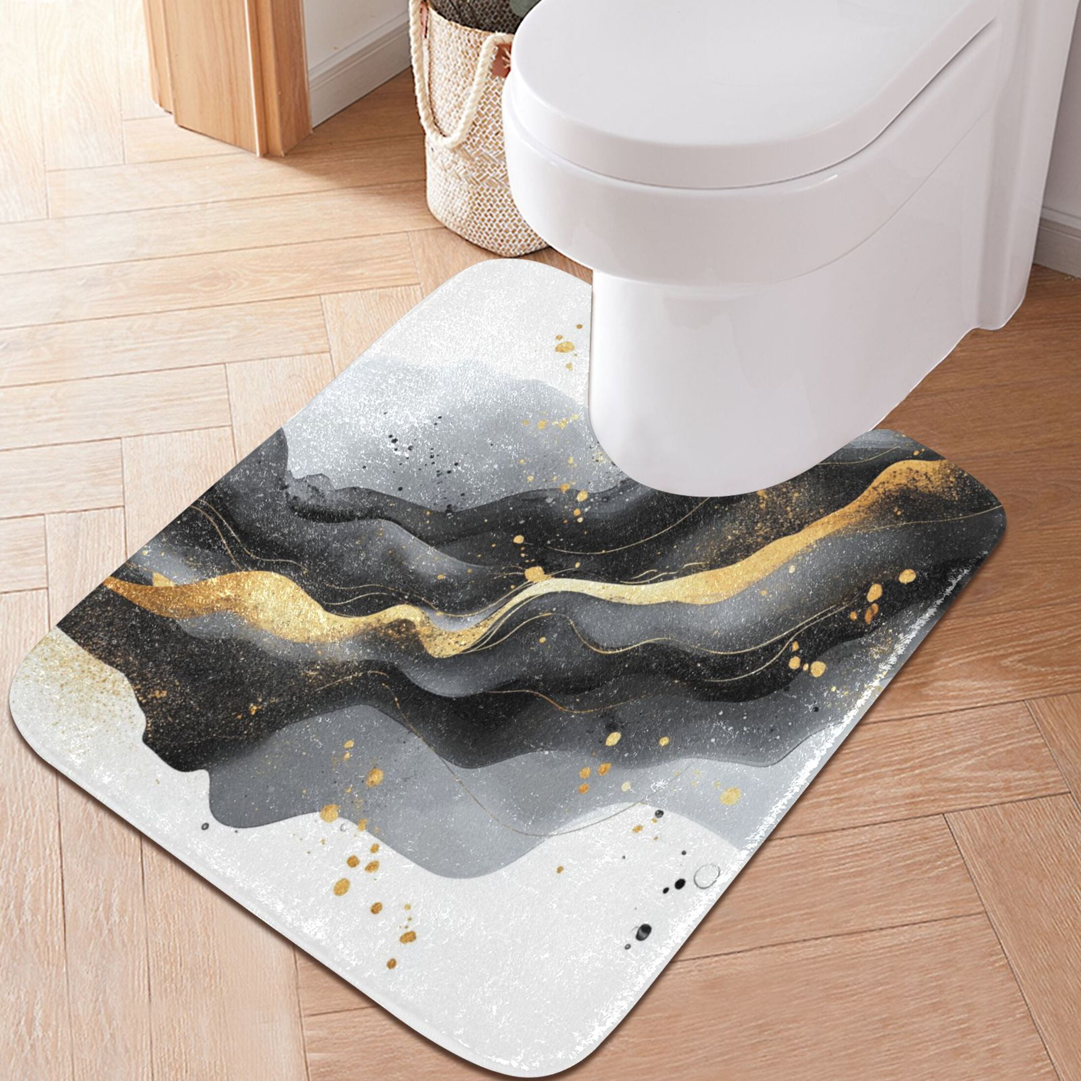 2 Piece Soft Bathroom Rug Set Black and Gold Shapes Bath Mat and U-Shaped Toilet Contour Rug (16"x24"+20"x24")