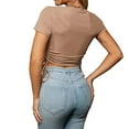 thumbnail image 4 of MIUOWANP Women's Short Sleeve Tops Casual Trendy Solid Color Slim Pleat Drawstring Blouse Tops Size M(6)Khaki, 4 of 9