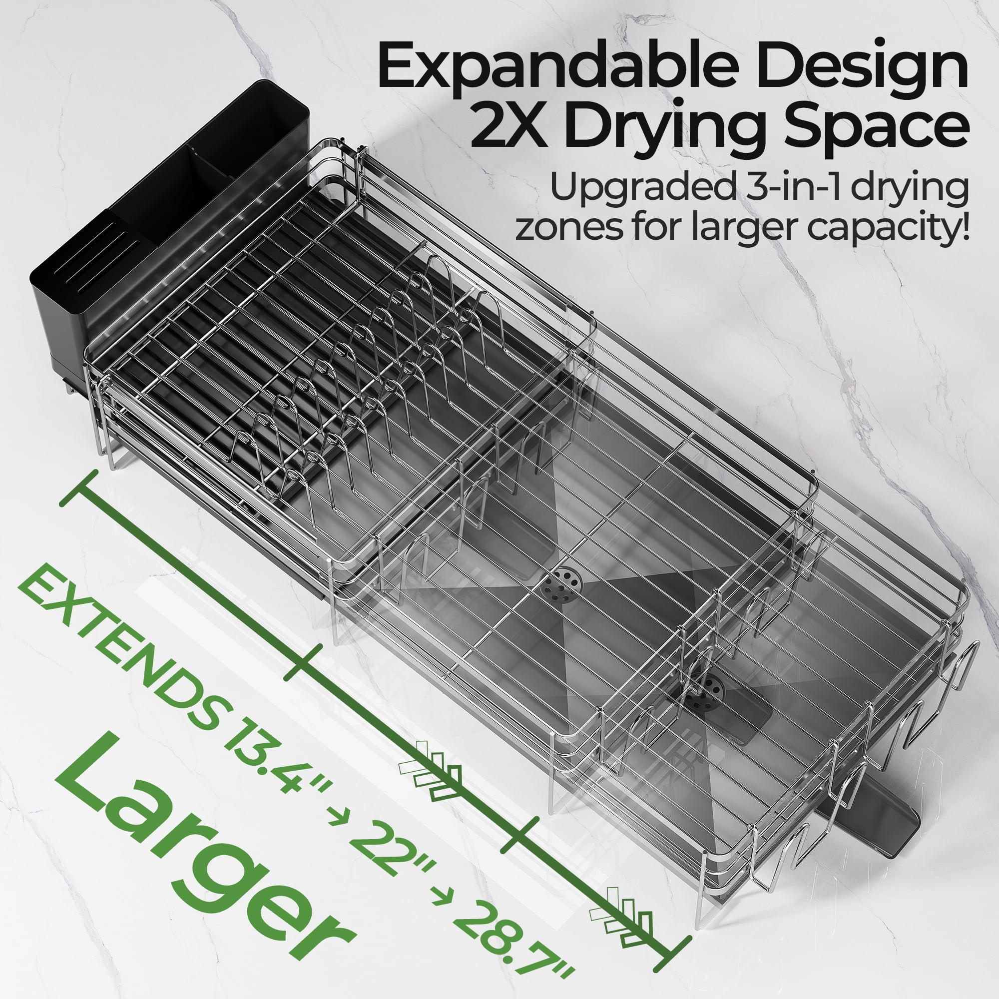 ORDORA Dish Drying Rack - Extendable Dish Rack Kitchen Drainer Set, Multifunctional Dish Drainer with Drainboard Set, Dish rack with Utensil Holder & Cup Holder, 13.4"-28.7" L x 11.8" W
