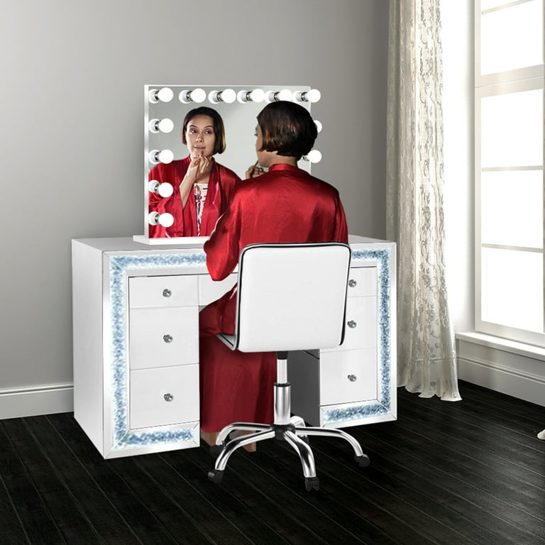 Makeup Diamond Vanity Set Includes Glam Hollywood Mirror Makeup Table with Multi Drawers White