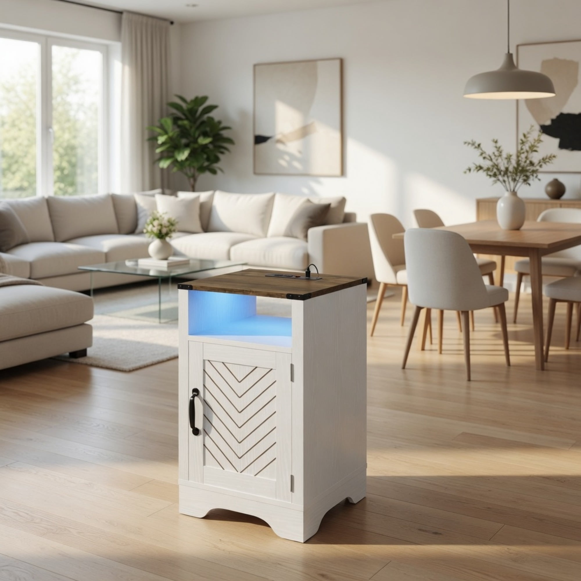 16" Wide White & Rustic Oak LED Nightstand with Charging Station & Storage