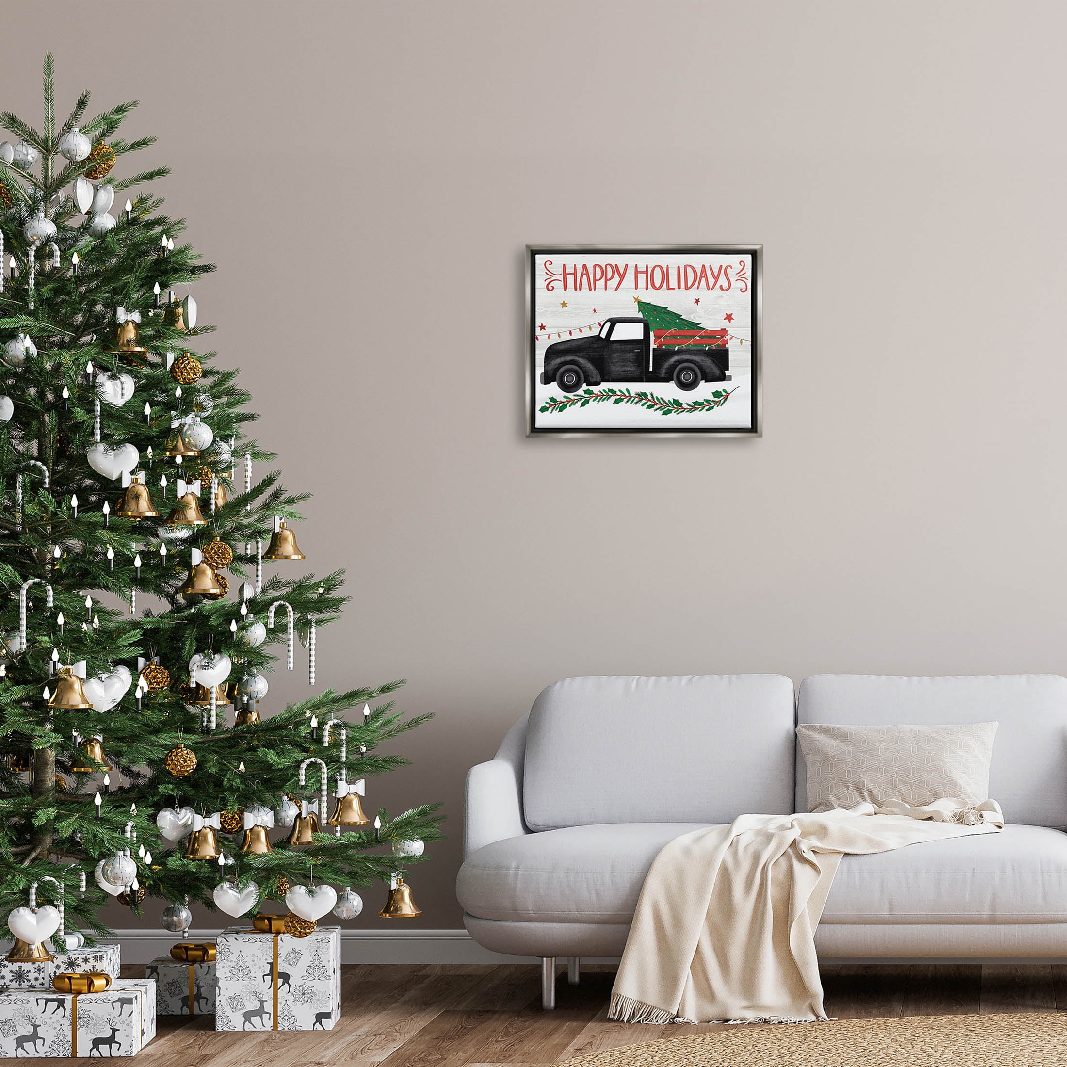 Happy Holidays Christmas Tree Truck Holiday Graphic Art Luster Gray Framed Art Print Wall Art
