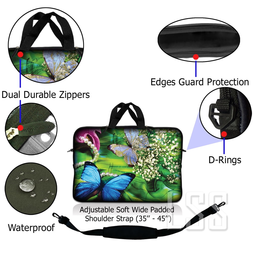 LSS 10 10.2 inch Laptop Sleeve Bag Compatible with Acer, Dell, HP, MacBook Carrying Case w/ Handle & Adjustable Strap, Butterfly Floral