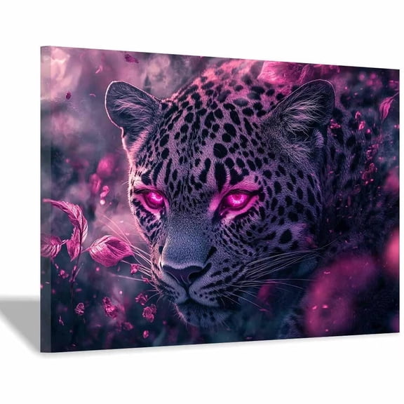 Mudket Purple Pink Neon Leopard Wall Art, Framed Cheetah Print Canvas Wall Decor, Moody Jungle Animal Wall Art for Living Room Bedroom, Ready to Hang - 12"L x 8"W