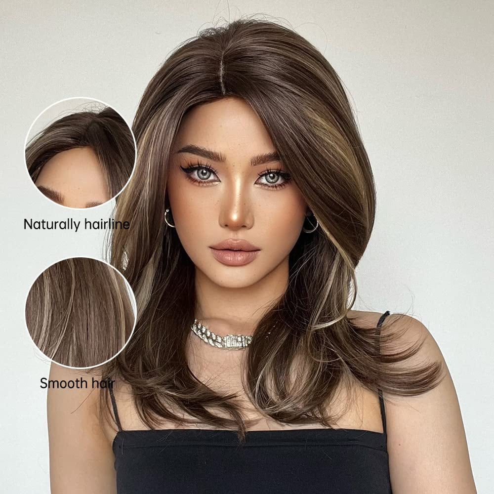 Brown Wigs for Women Light Brown Highlights Blonde Wig Natural Shoulder Length Layered Synthetic Wig for Daily Use