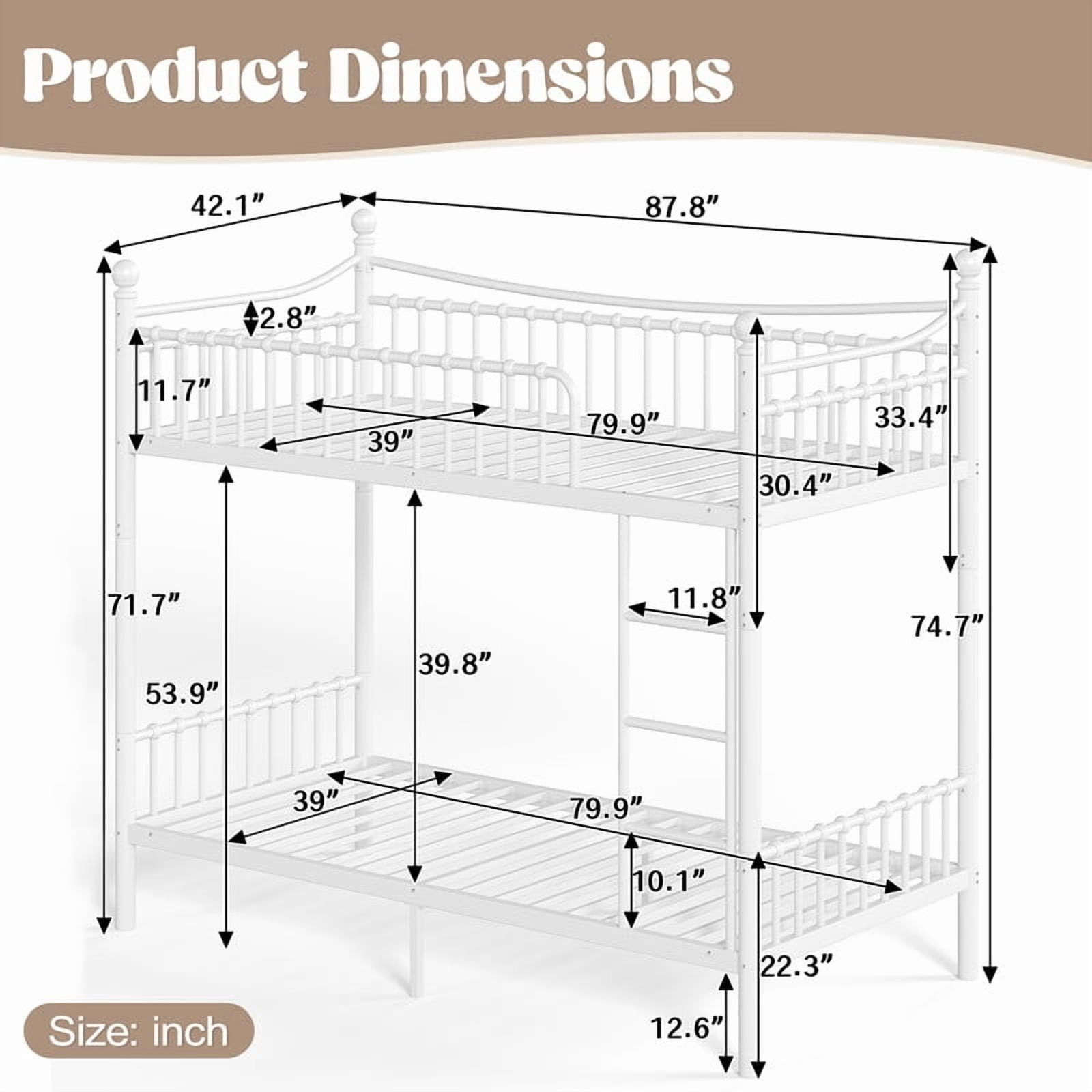 Twin XL over Twin XL Metal Bunk Bed with Curved Guardrail, Round Tube Bedpost Detachable Bed Frame for Kids, Teens & Adults