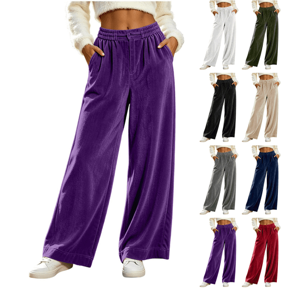 Sunnin Womens Velvet Wide Leg Pants Button Elastic Waist Side Pockets Relaxed Casual Lounge Trousers