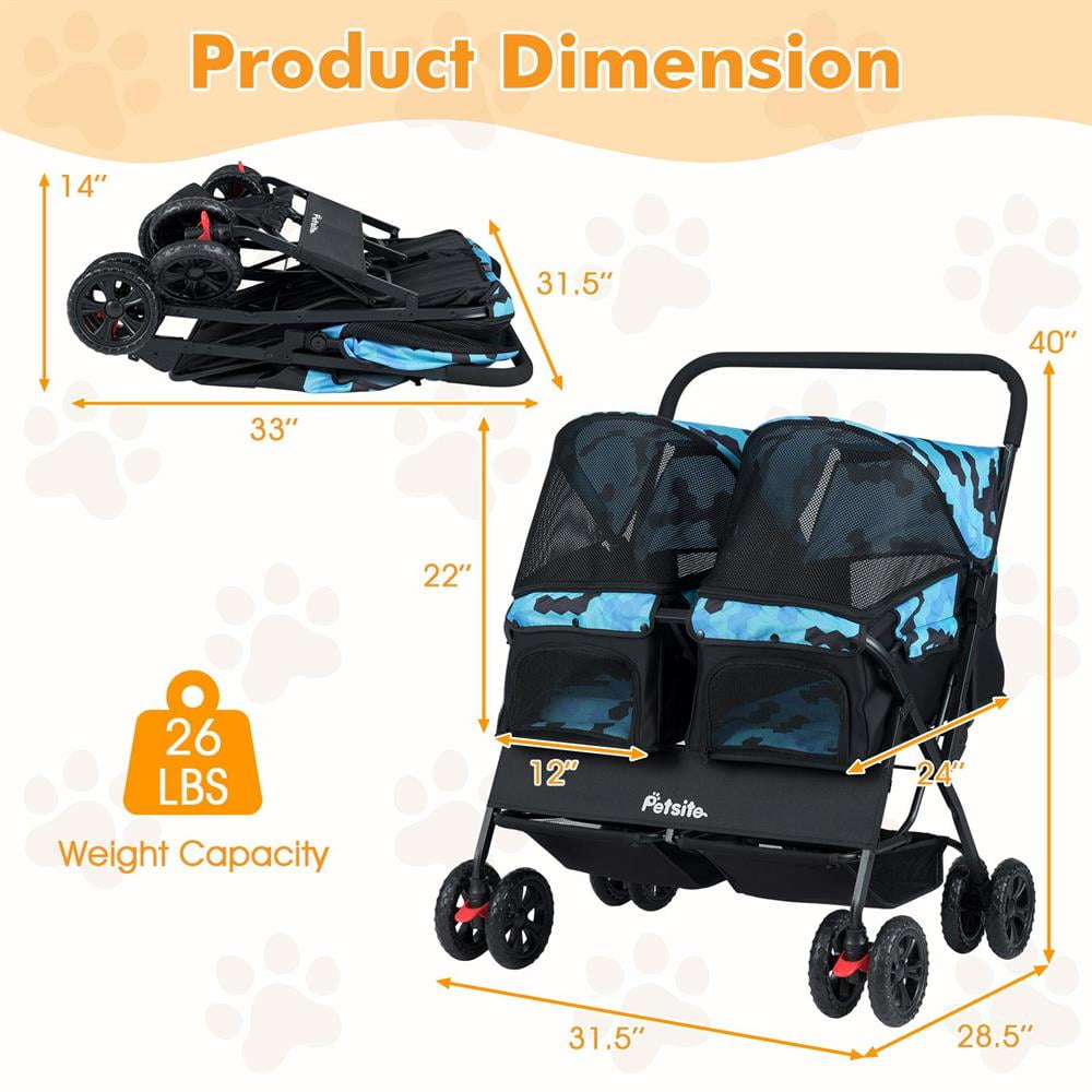 Yardi Yarda Foldable Double Pet Stroller with Adjustable Sunshade and Storage Basket, Dog Strollers, Pet Gear Stroller-Navy