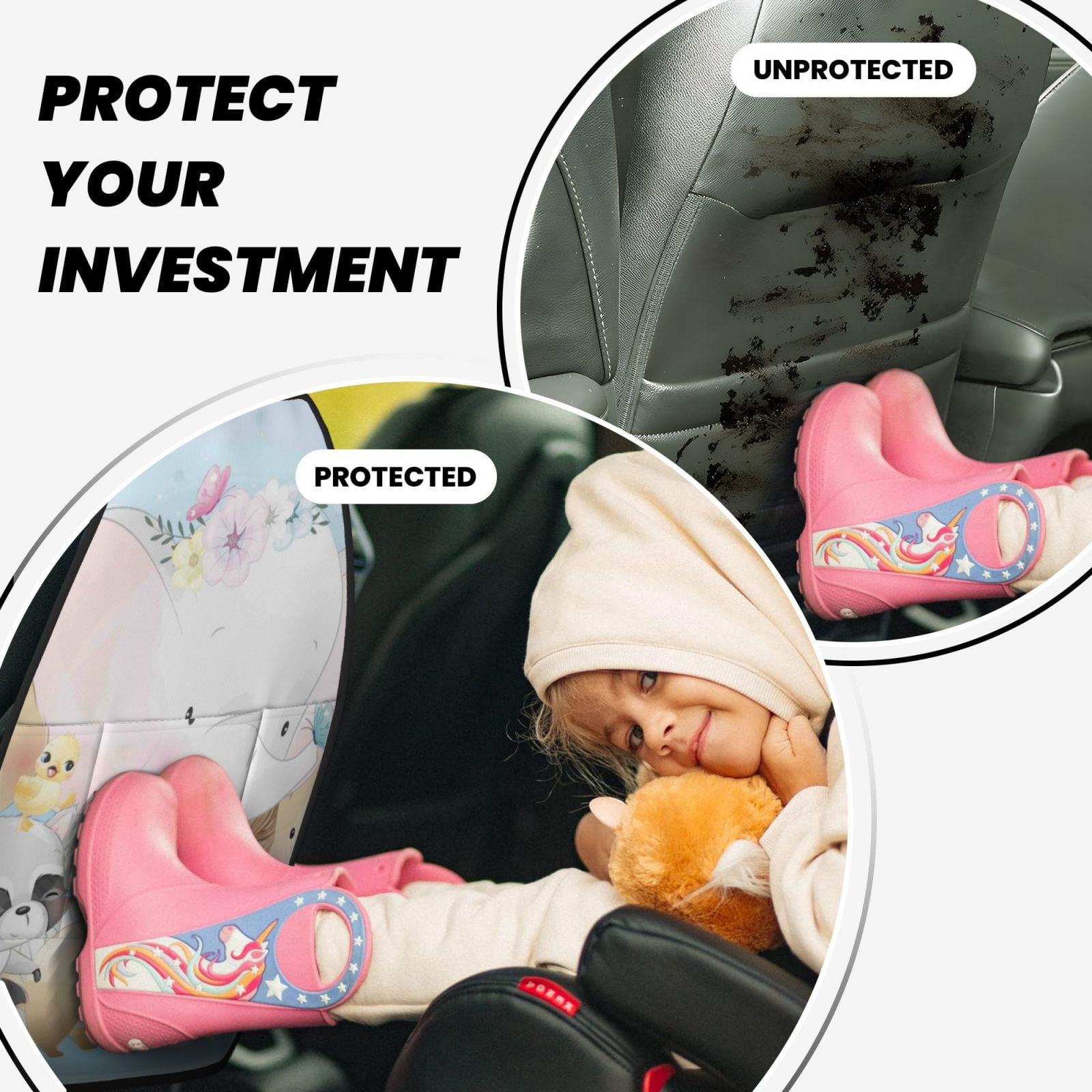 Xecao Cute Animals Pattern Car Seat Back Protector 2 Pack Large Capacity Pocket, Kick Mats Back Seat Protector