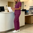 thumbnail image 4 of Two Piece Scrub Uniform Set Women V Neck Short Sleeve Top Drawstring Straight Pants Stretch Medical Work Outfits Wine XXL, 4 of 9