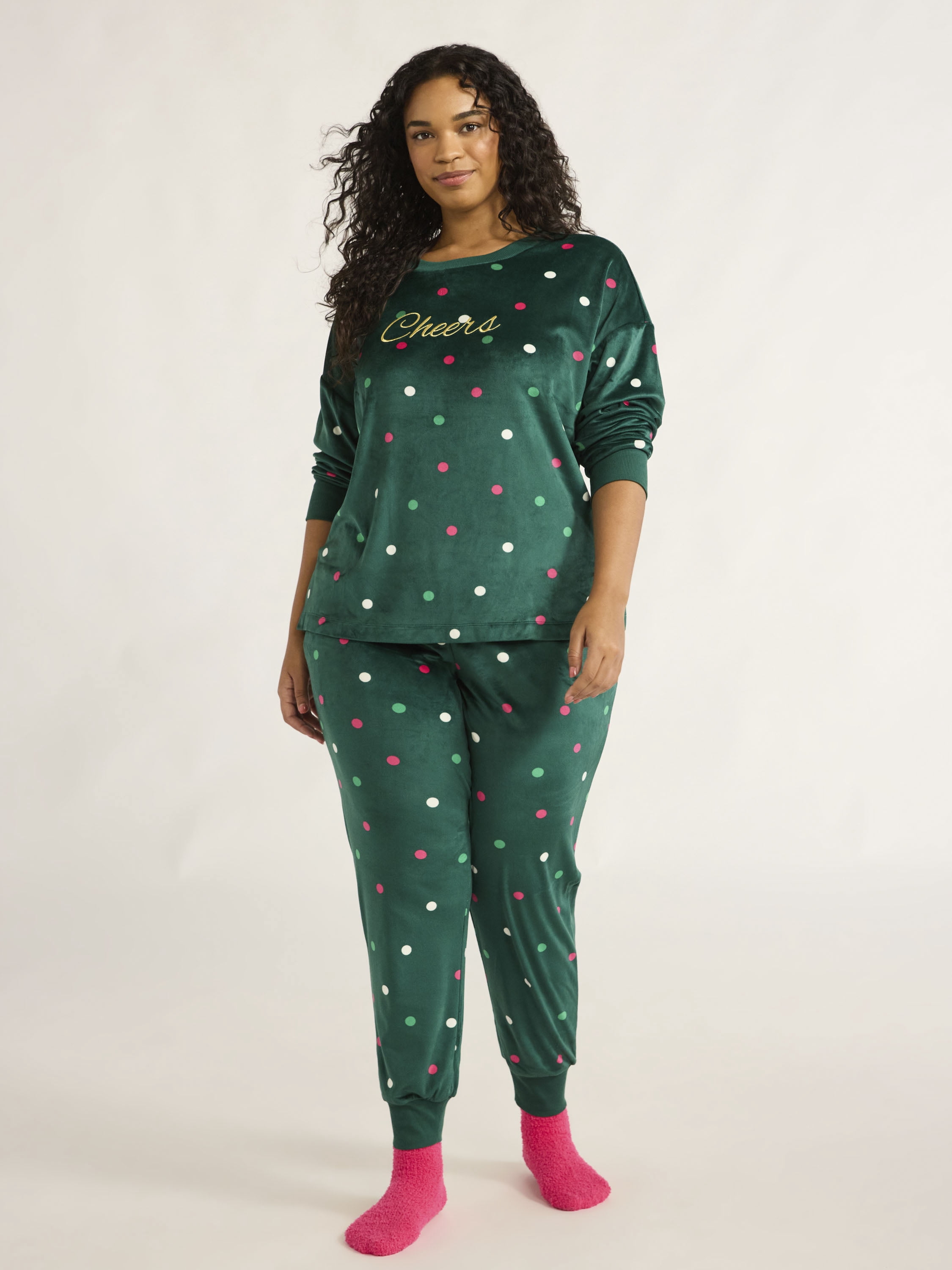 Joyspun Women's Stretch Velour Pajama Set with Socks, 3-Piece, Sizes XS-3X