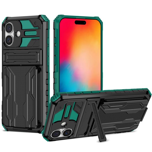 Allytechgroup for iPhone 16 Plus Rugged Case with Cards Holder, Heavy Duty Shockproof Hybrid PC TPU Back Cover Anti-Scratch Bumper Protective Phone Case for iPhone 16 Plus, Darkgreen