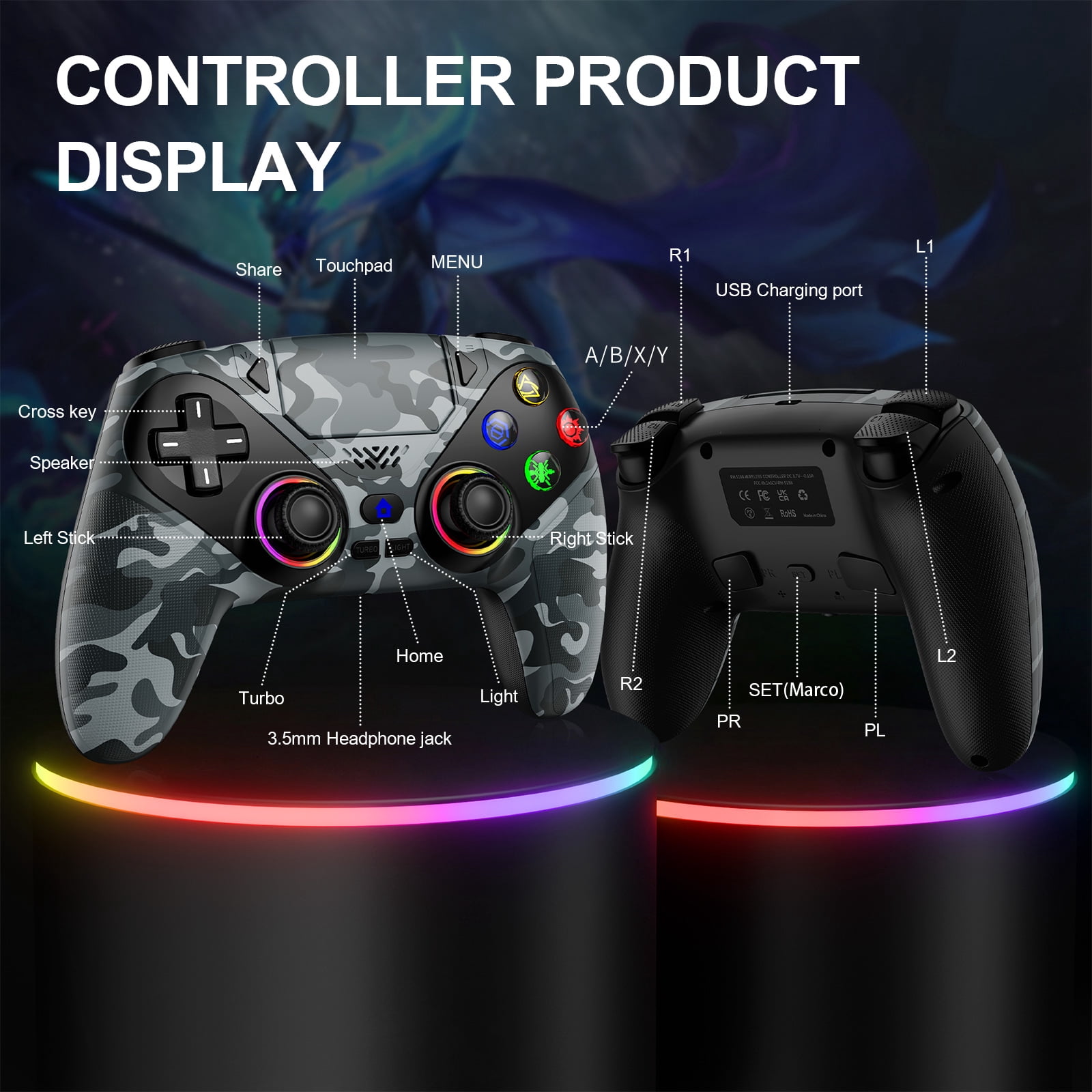 LED Wireless Controller for P5 PC, Bluetooth Controller with Turbo, Macro, Dynamic Vibration, 6-Axis Motion Control, 3.5mm Audio Jack, 1000mAh Battery, Speaker-White