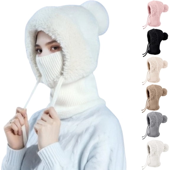 3 in 1 Beanie Hat with Scarf and Mask, Women's Outdoors Windproof Scarf Hat, Knitted Ski Mask Set,White