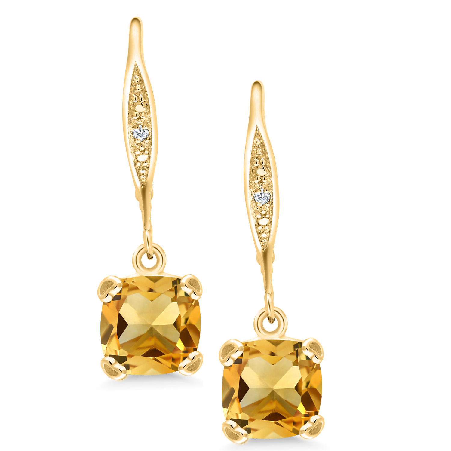 Gem Stone King 18K Yellow Gold Plated Silver Yellow Citrine and White Diamond Earrings for Women (2.81 Cttw, Gemstone November Birthstone, Cushion 7MM)