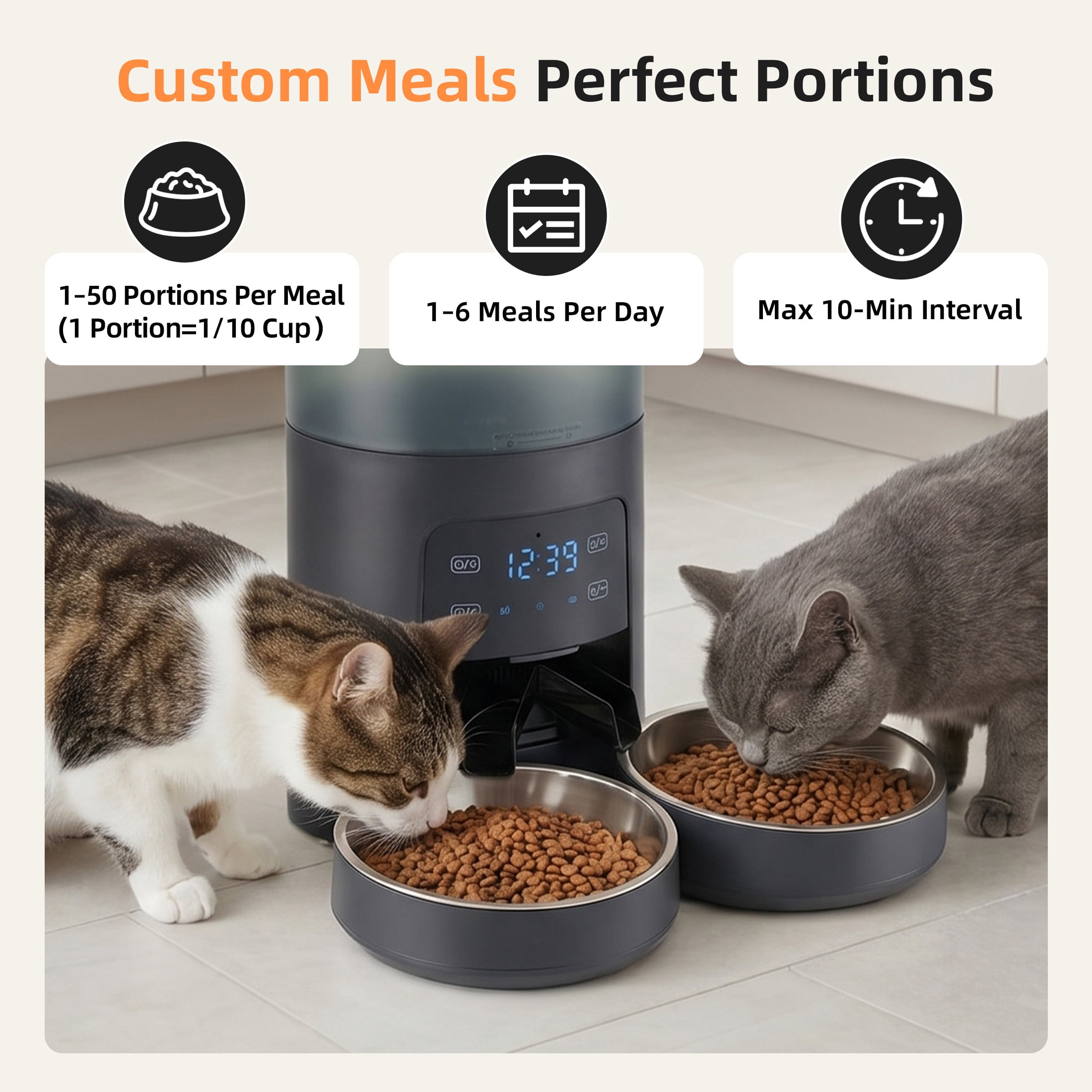 EDX 6L Automatic Cat Feeder for 2 Cats, Timed Cat Food Dispenser with 2 Stainless Steel Bowls, 10s Voice Recorder & Dual Power, Pet Feeder for Cats & Dogs, Black