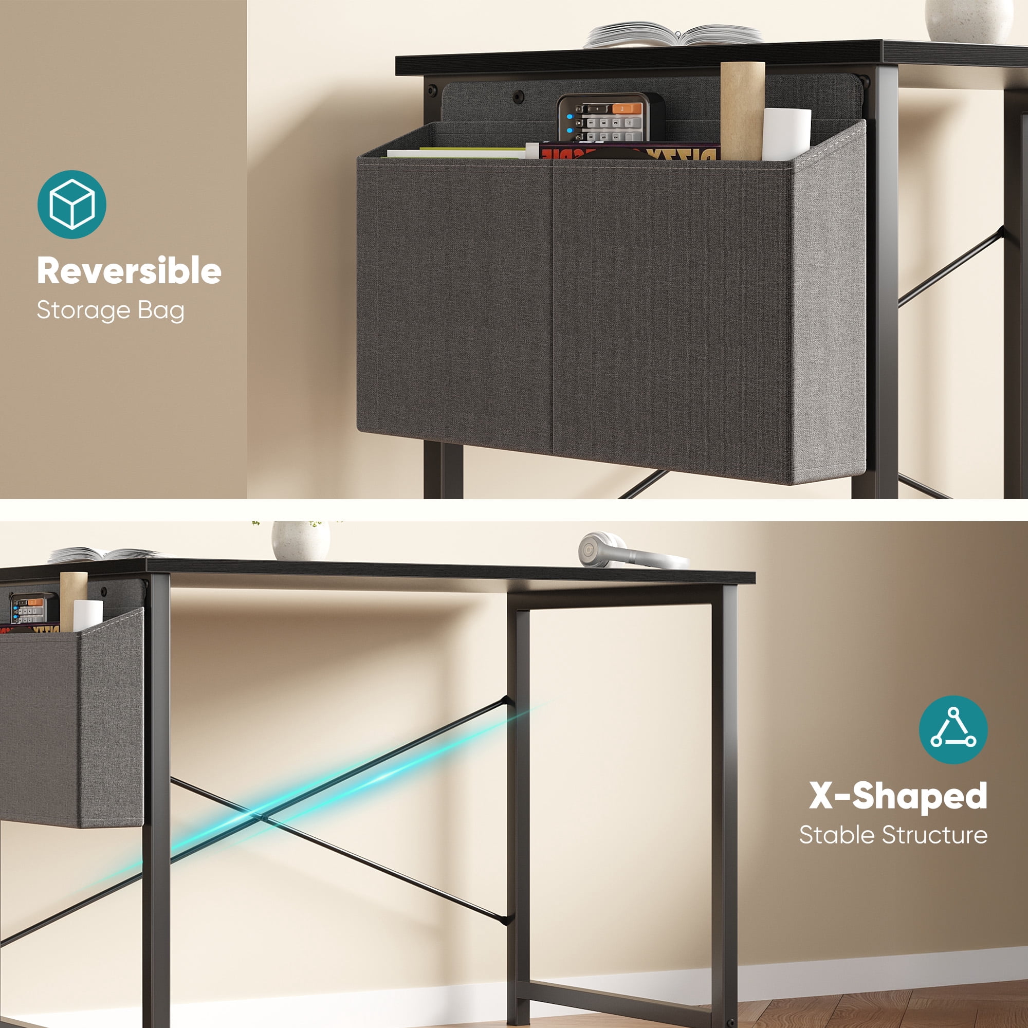Gianna 31" Computer Desk with Metal Frame, Waterproof Surface and Storage Bag – Perfect for Office Use, Black