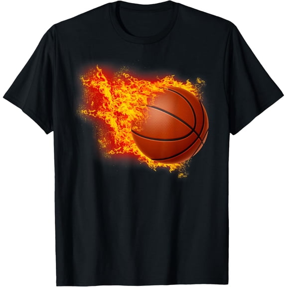 Basketball Hoop Fire Flames Ball Graphic T-Shirt- Classic Unisex 100% Cotton Crew Neck T-Shirt Regular Fit Breathable Casual Everyday Wear