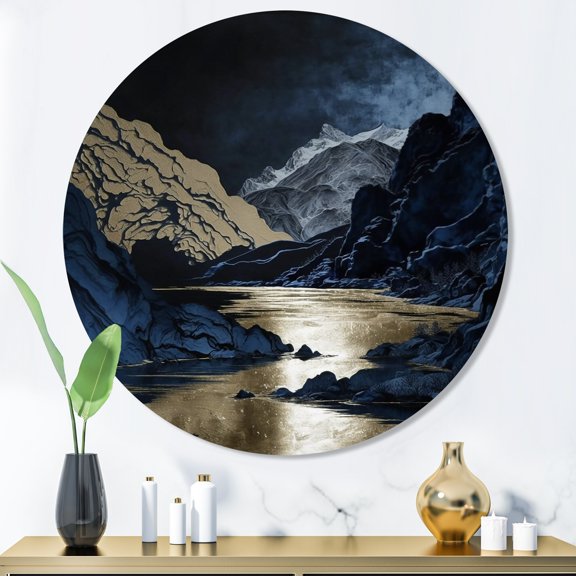 Designart "Frosted River and Mountain Gold III" Landscape Forest River Mountains Round Metal Art