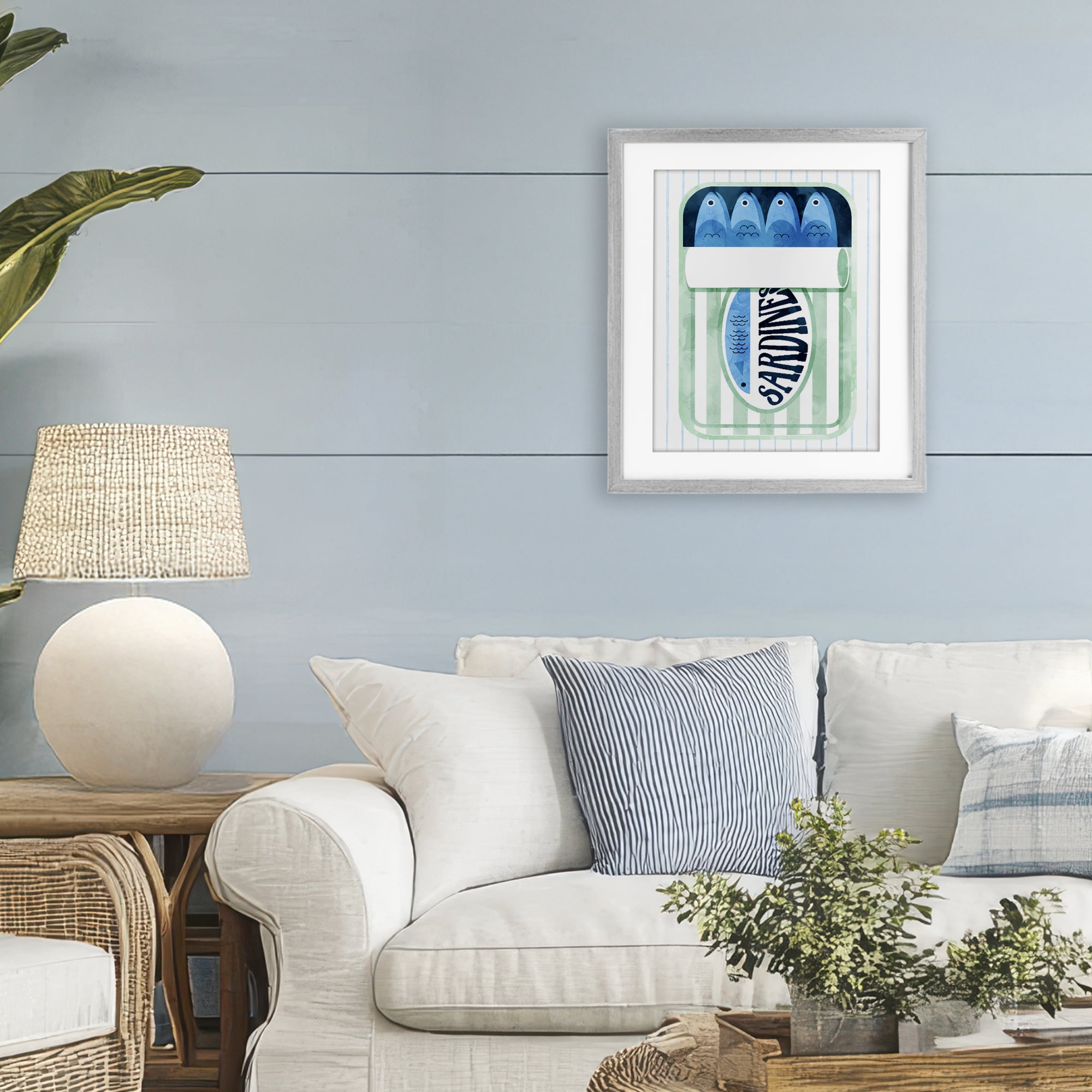 Seafoam Sardine Tin over Stripes Gray Framed Print Under Glass, design by Daphne Polselli