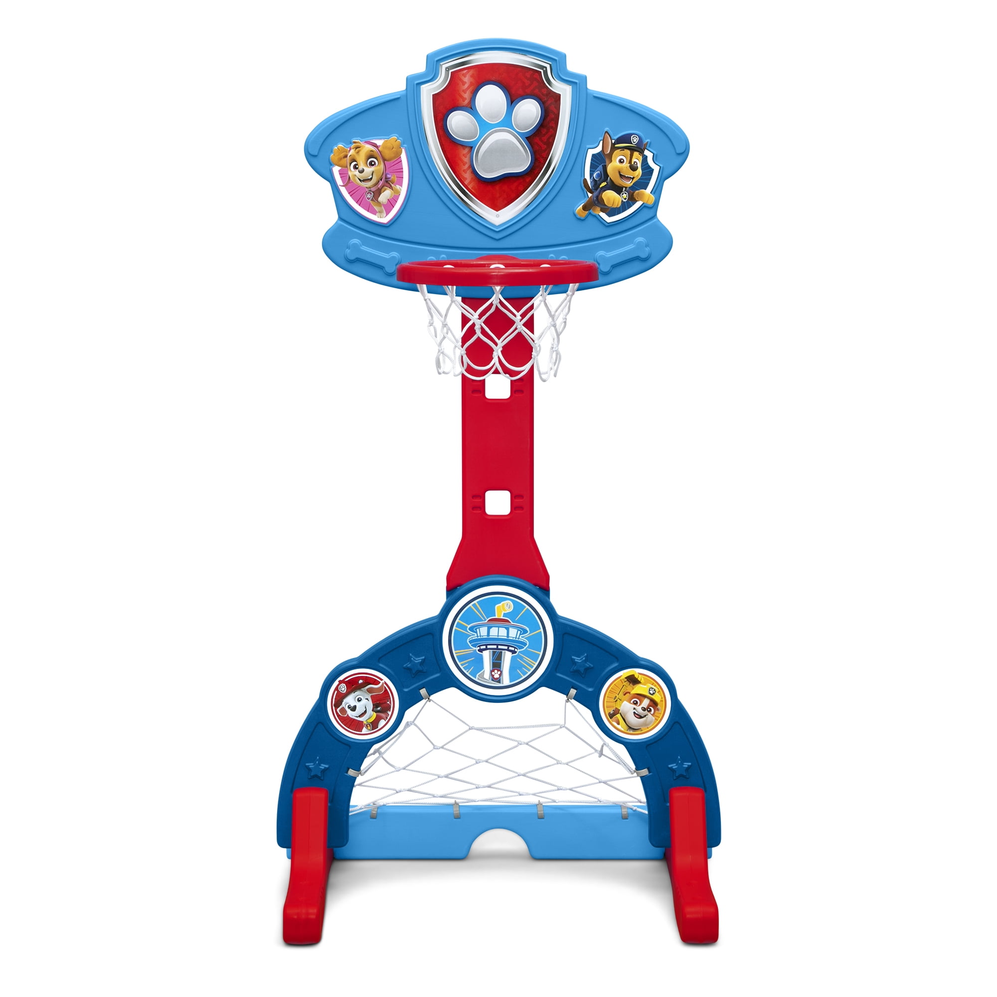 PAW Patrol 4-in-1 Sports Center by Delta Children – Adjustable Basketball Hoop, Soccer/Hockey Net & Golf Game, Blue