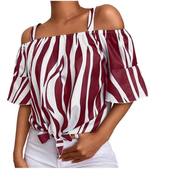 IROINNID Ladies Long Sleeve T Shirts Ladies Slash-Neck Strapless Chiffon Strip Knotted Home Shirt Top,Red