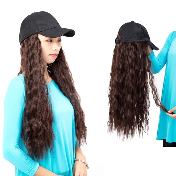 20" Curly Baseball Cap With Hair Curly Long Wavy Corn Wave Hairpiece With Baseball Hat Attached Adjustable Cap Synthetic Yaki Hair for Girls Women (Black/Brown)