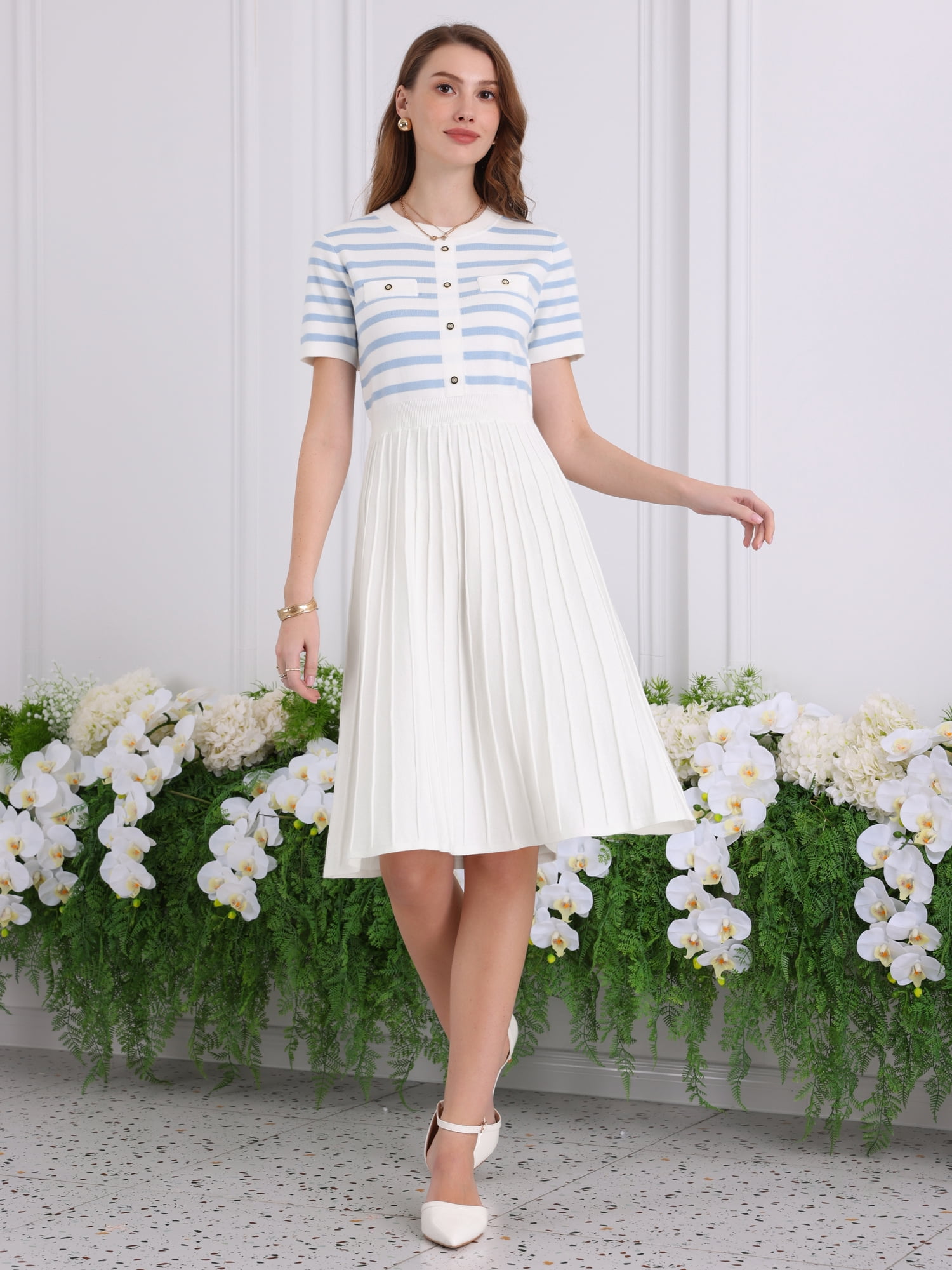 DARING DIVA A-Line Knit Striped Pleated Ribbed Sweater Dress S Light Blue