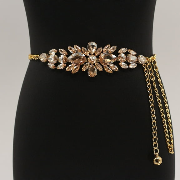 Flower Alloy Crystal Rhinestone Waist Belly Chains for Women Golden 1050mm