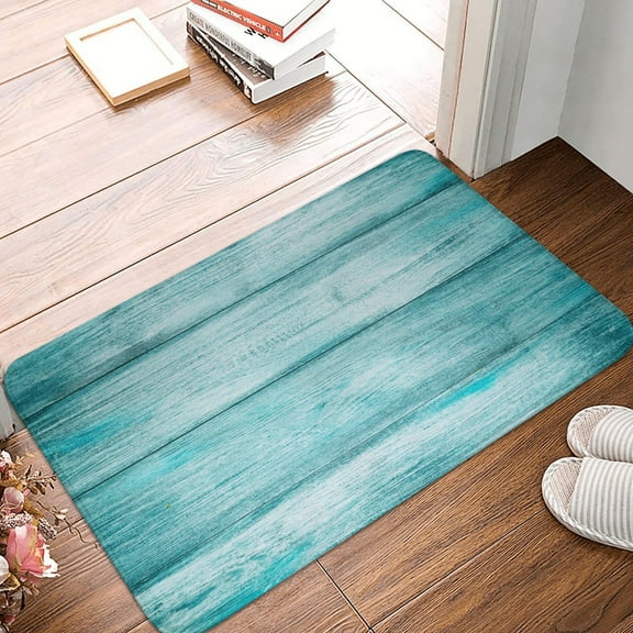 Front Door Mat Indoor Outdoor Outside Entrance - 16*24in Washable Teal Turquoise Wood Thin Bathroom Rugs Fit Under Door, Bath Rugs for Bathroom, Kitchen Rugs Mats for Floor