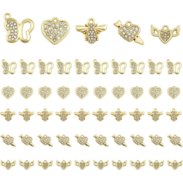 50 piezas de colgantes de aleación con circonitas cúbicas en 5 estilos: colgantes con forma de corazón, abeja, mariposa, ala y flecha con diamantes de imitación.