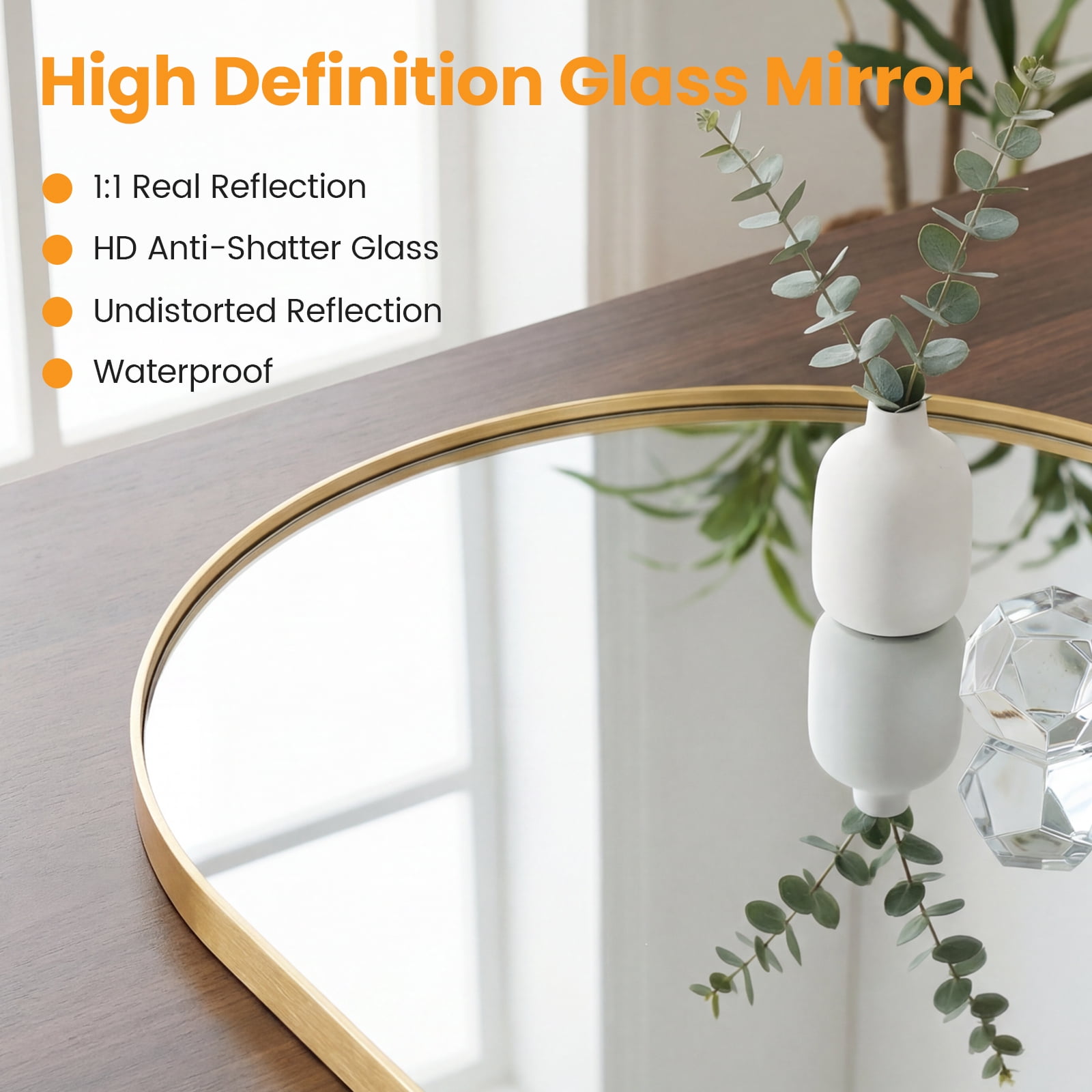 GIANNA 32"x34" Arch Top Straight Bottom Bathroom Mirror – Rectangular Metal Frame with Groove Accents, Wall-Mounted Vanity Mirror, Gold