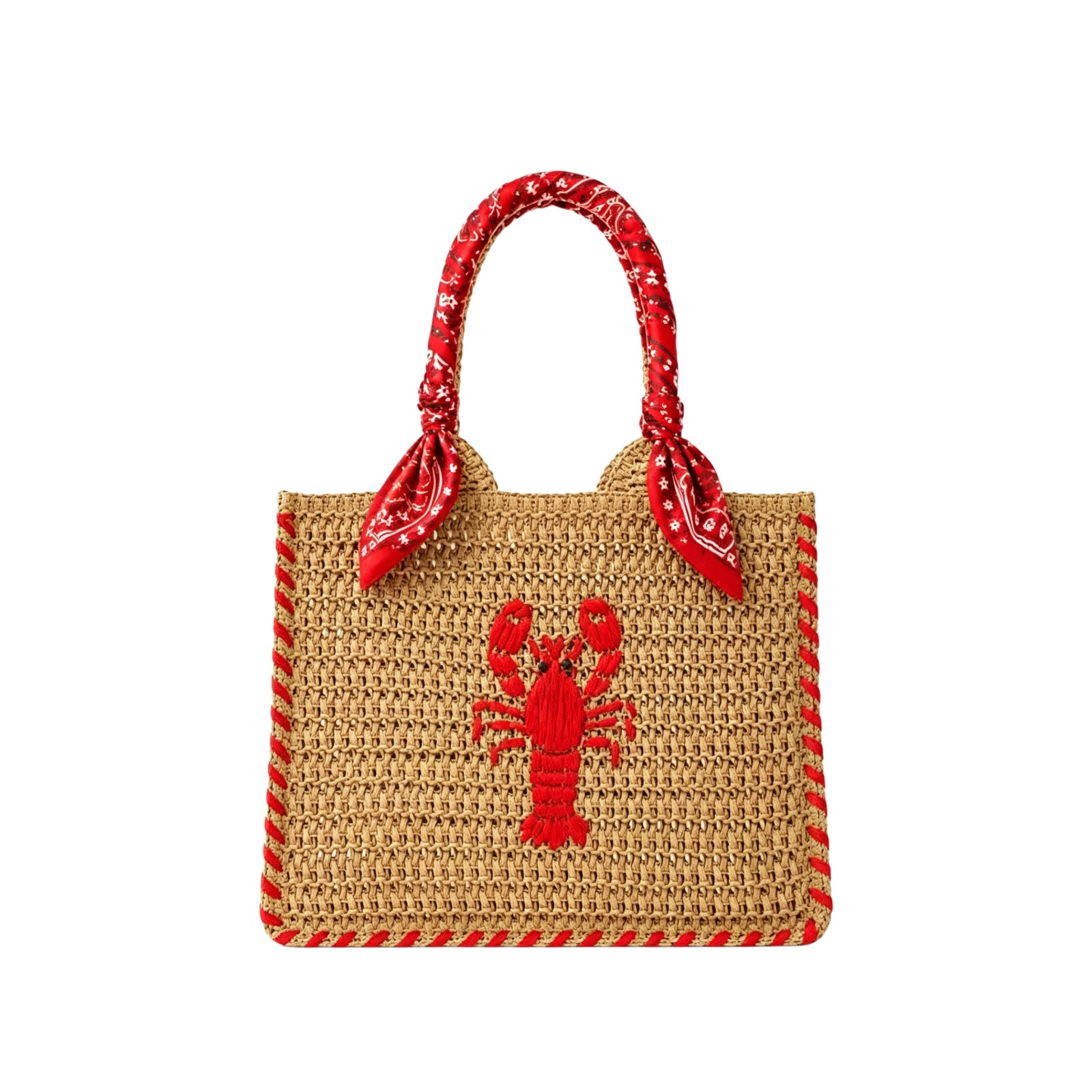YAMB Lobster Pattern Woven Beach Bag, Women Mini Straw Woven Embroidery Handbag, Portable Natural Boho Style Shoulder Bag with Detachable Strap for Vacation Resort Daily Casual Matching