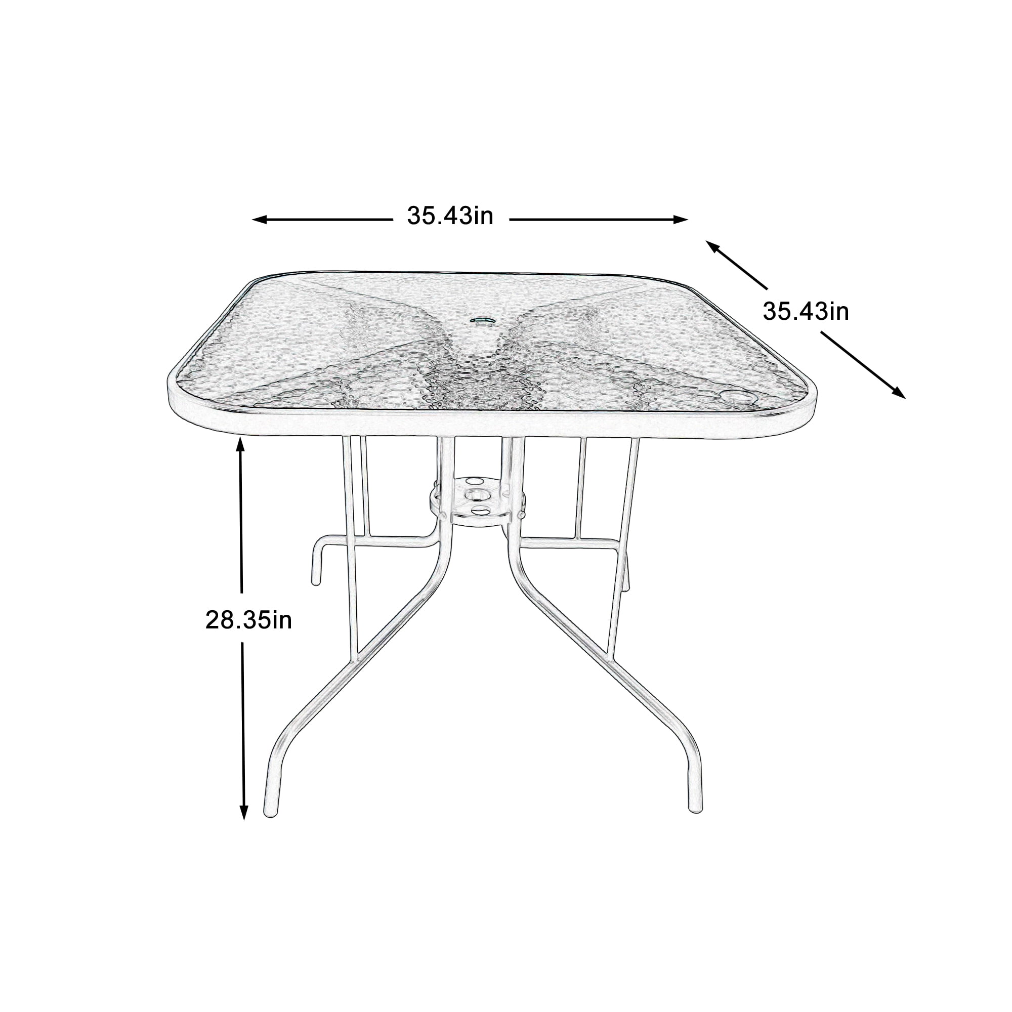 35 Inch Patio Dining Table with Tempered Glass Top, Square 4-Person Outdoor Bistro Table with 1.5" Umbrella Hole & Sturdy Metal Frame, Patio Dining Table for Backyard, Lawn, Deck & Poolside
