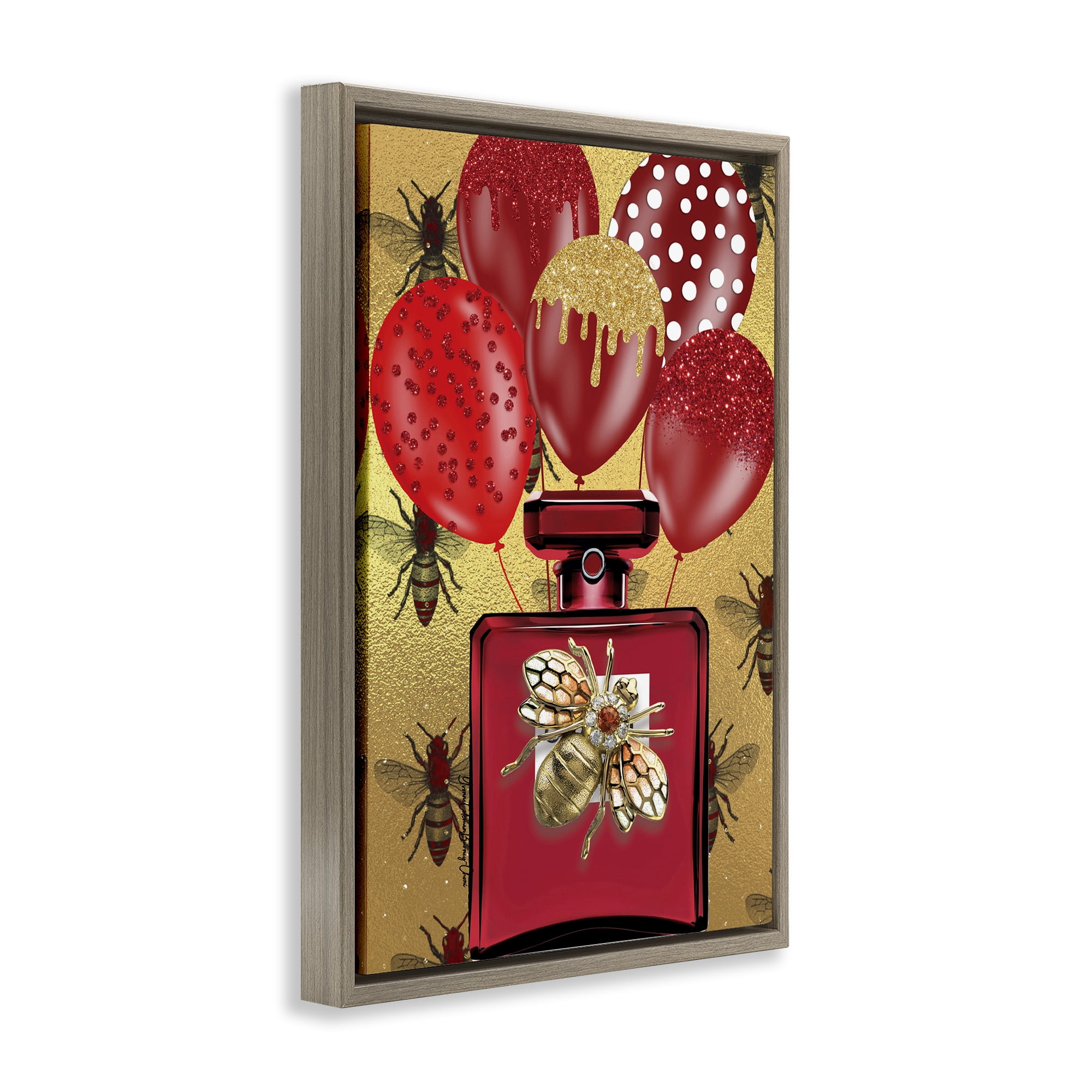 Stupell Industries Glam Red Bee Perfume Fashion Painting Brown Floater Framed Canvas Art Print Wall Art, 17 x 25