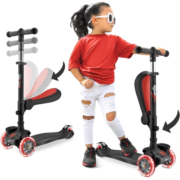 3-Wheeled Scooter for Kids - Wheel LED Lights, Adjustable Lean-to-Steer Handlebar, and Foldable Seat - Sit or Stand Ride with Brake for Boys and Girls Ages 1-14 Years Old
