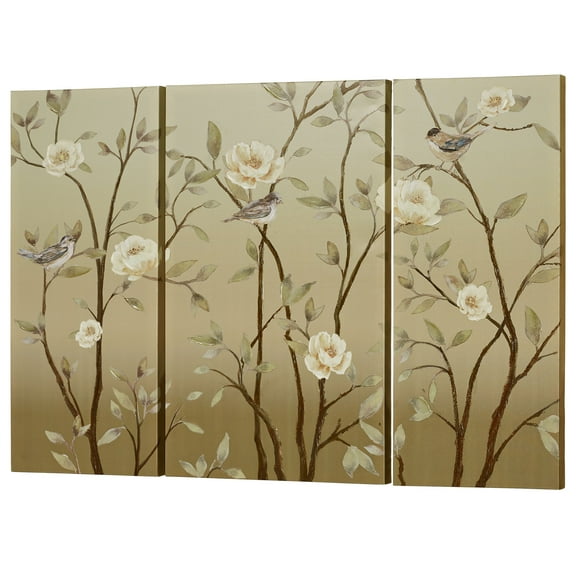 Vining Delight Birds Triptych Canvas Wall Art Tan Overall 51”Wx2”Dx36”H Set of 3